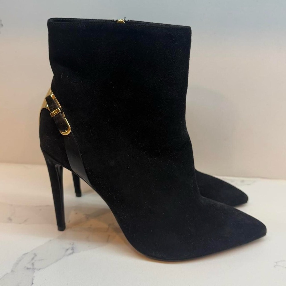 Ralph Lauren Elegant Black Suede Ankle Boots with Gold Details Size 8.5